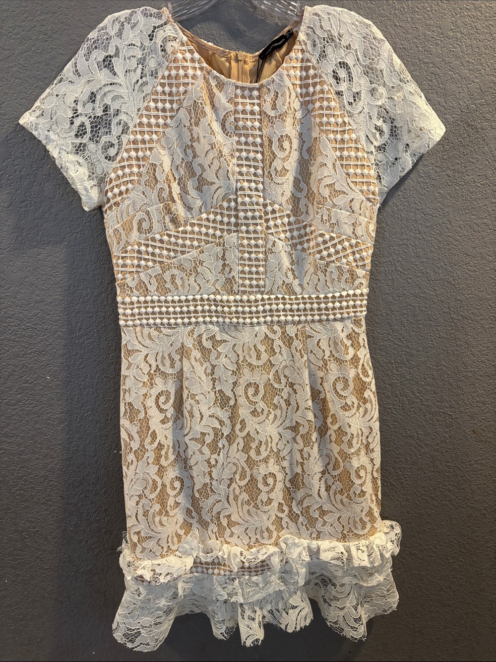 PrettyLittleThing Ivory and Tan Lace Party Dress